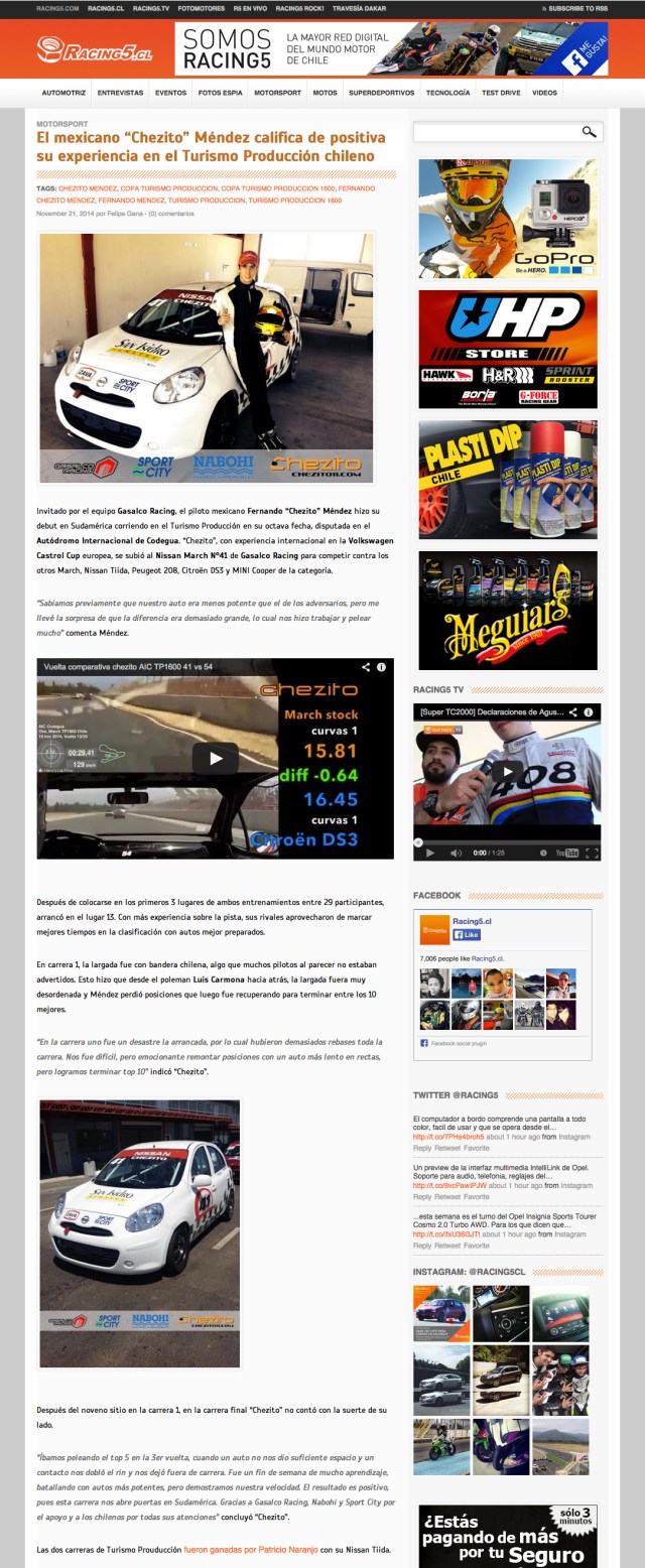 chezito, Fernando Méndez, Chile, México, Carreras, Codegua, AIC, Autódromo Internacional de Codegua, TP1600, Turismos de Producción, 1.6L, TP1600 chile, Nissan, Peugeot 208, March, Tiida, Nissan March, DS3, Citroen, Mini Cooper, Gasalco, Nabohi, Gabriel Salas, Juan Cunill, Piloto, Internacional, Turismos, Turing Car, Championship, Copa, Campeonato, Europeo, chezito11, Super TC2000, STC2000, Argentina